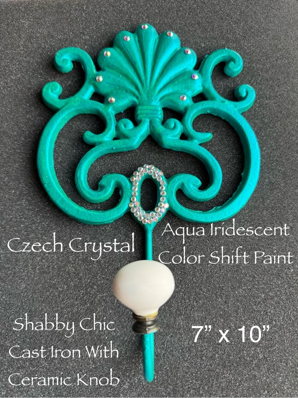 Shabby Chic Aqua Iridescent Cast Iron Wall Hook with White Ceramic Knob